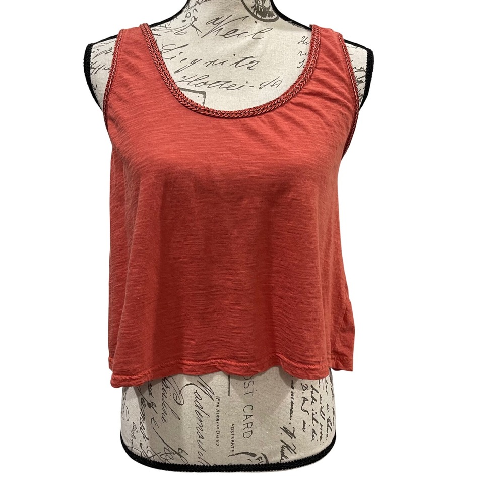 American Rag Tank Top Women M Orange Crop Boho Braided Trim Slub Knit Festival‎